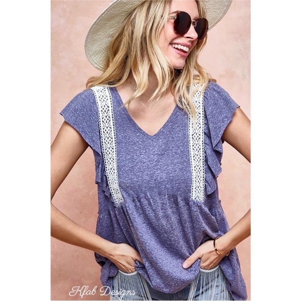 BiBi Med Blue Lace-Trim Ruffle Sleeve Top